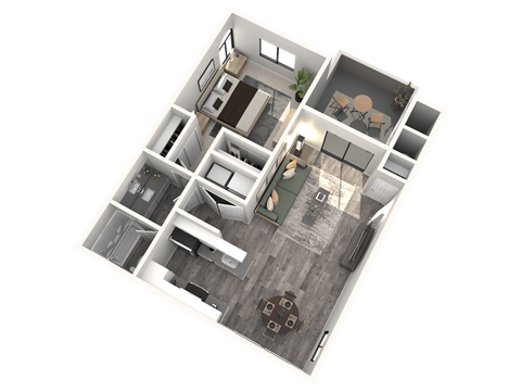 A 3D floor plan of a house with a kitchen, living room, and one bedroom.
